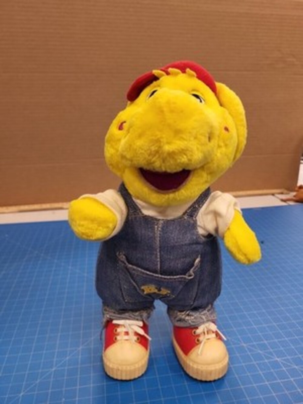 1993 BJ Plush Doll Dinosaur Red Hat Overalls Sneakers 13" Yellow Dino Toy